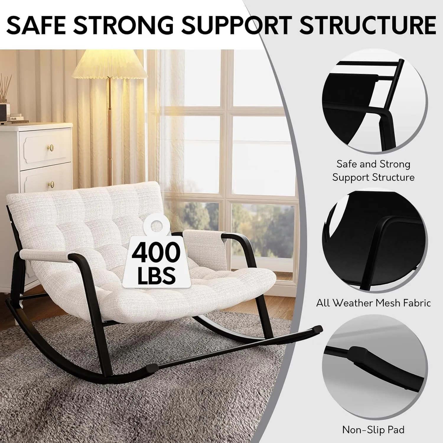 Indoor Outdoor Patio Rocking Chairs, Papasan Rocking Chairs, Double Papasan Chair with Cushion, Oversized Modern Rocker Chairs for Living Room, Bedroom, Porch, Garden Beige