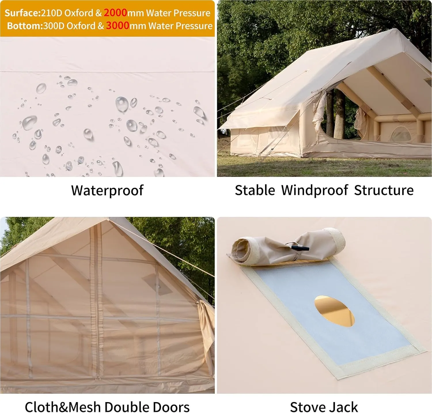 Inflatable Camping Tent with Hand Pump Waterproof Outdoor Blow up Tent 3-8 Person Oxford 4 Season Glamping Air Tent Cabin House with Mesh Windows & Door