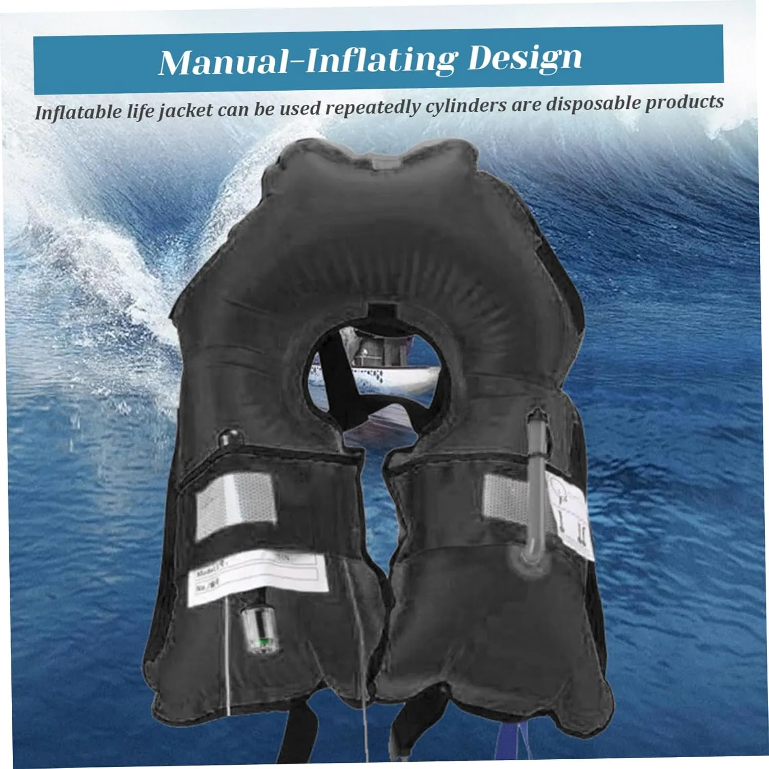 Inflatable Snorkel Vest, Adult Snorkeling Jackets, Manual Inflatable Nylon Adjustable Buckle Swim Vest with Reflective Strips & Whistle for Adults, Kids (No Gas Cylinder)