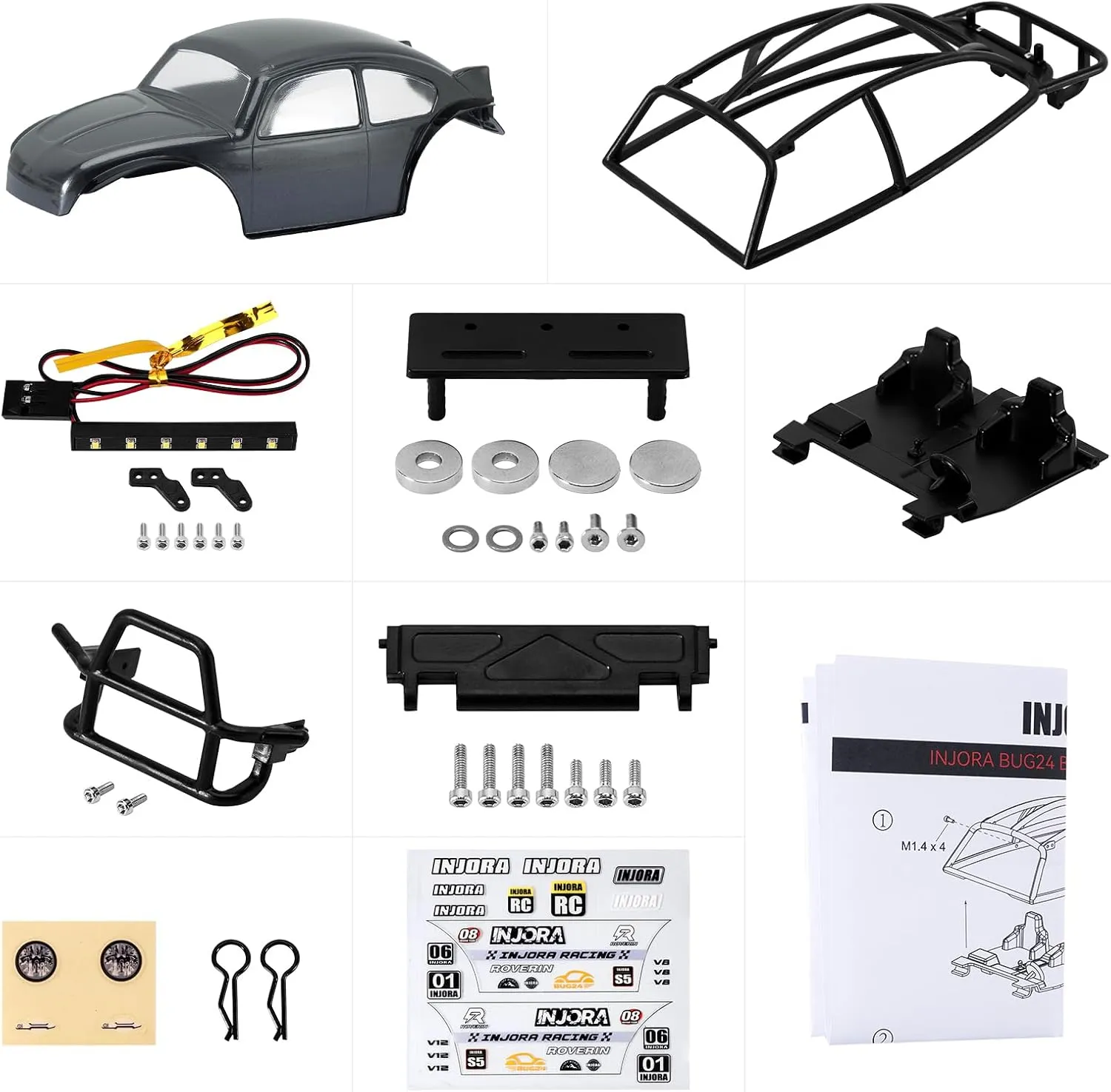 INJORA BUG24 Body with Roll Cage for 1/24 Axial SCX24 C10 JLU Bronco Base Camp Upgrade(Grey)