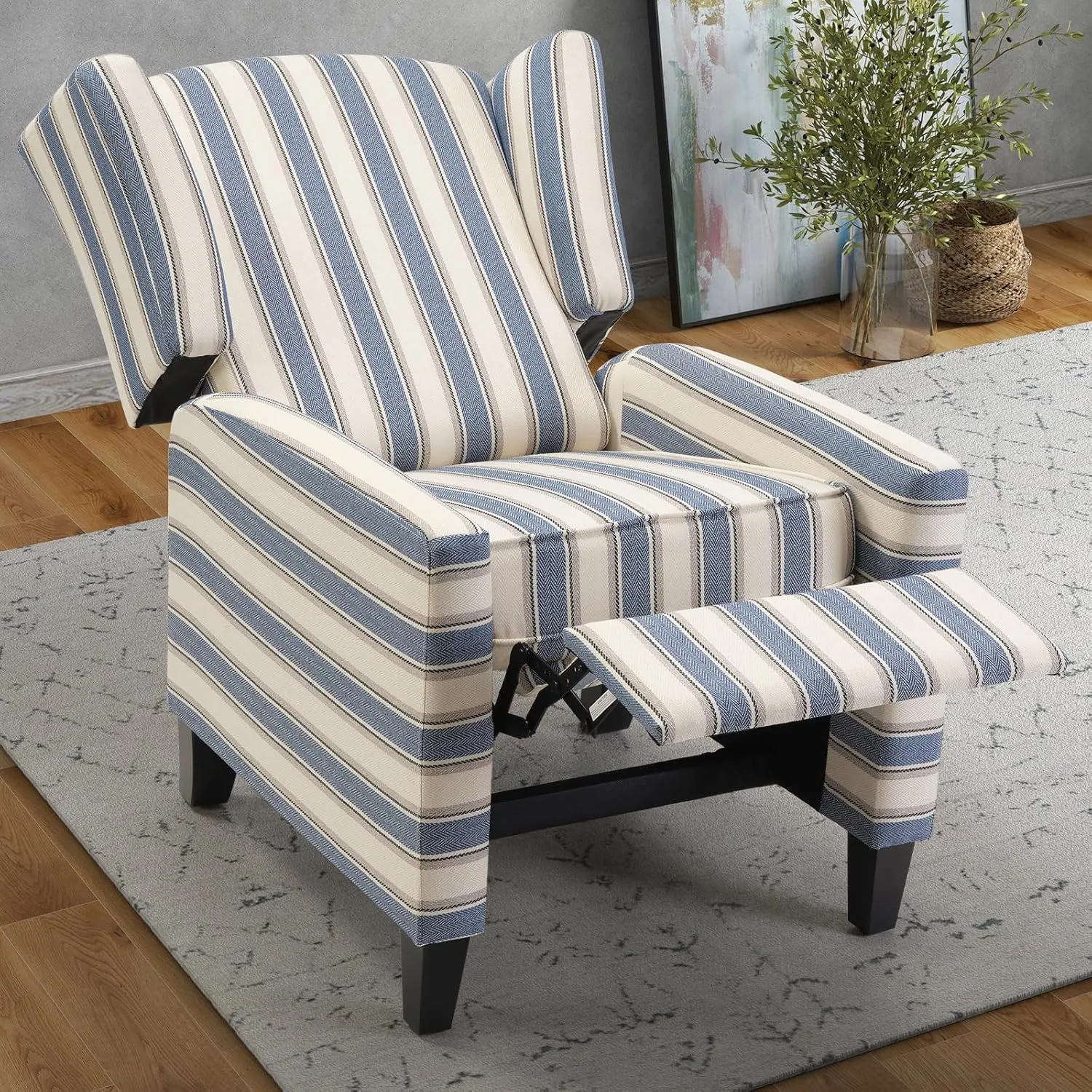 INZOY Wingback Pushback Recliner Chair Set of 2, Fabric Push Back Recliners with Padded Seat, Mid Century Modern Reclining Chair for Living Room Bedroom, Blue Stripe