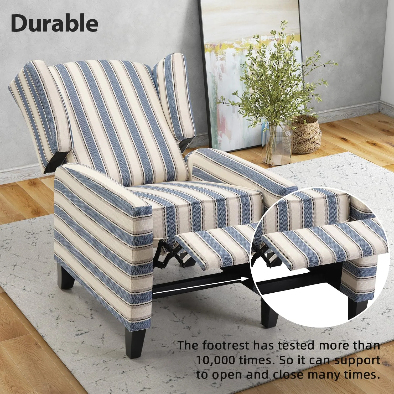 INZOY Wingback Pushback Recliner Chair Set of 2, Fabric Push Back Recliners with Padded Seat, Mid Century Modern Reclining Chair for Living Room Bedroom, Blue Stripe