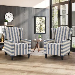INZOY Wingback Pushback Recliner Chair Set of 2, Fabric Push Back Recliners with Padded Seat, Mid Century Modern Reclining Chair for Living Room Bedroom, Blue Stripe