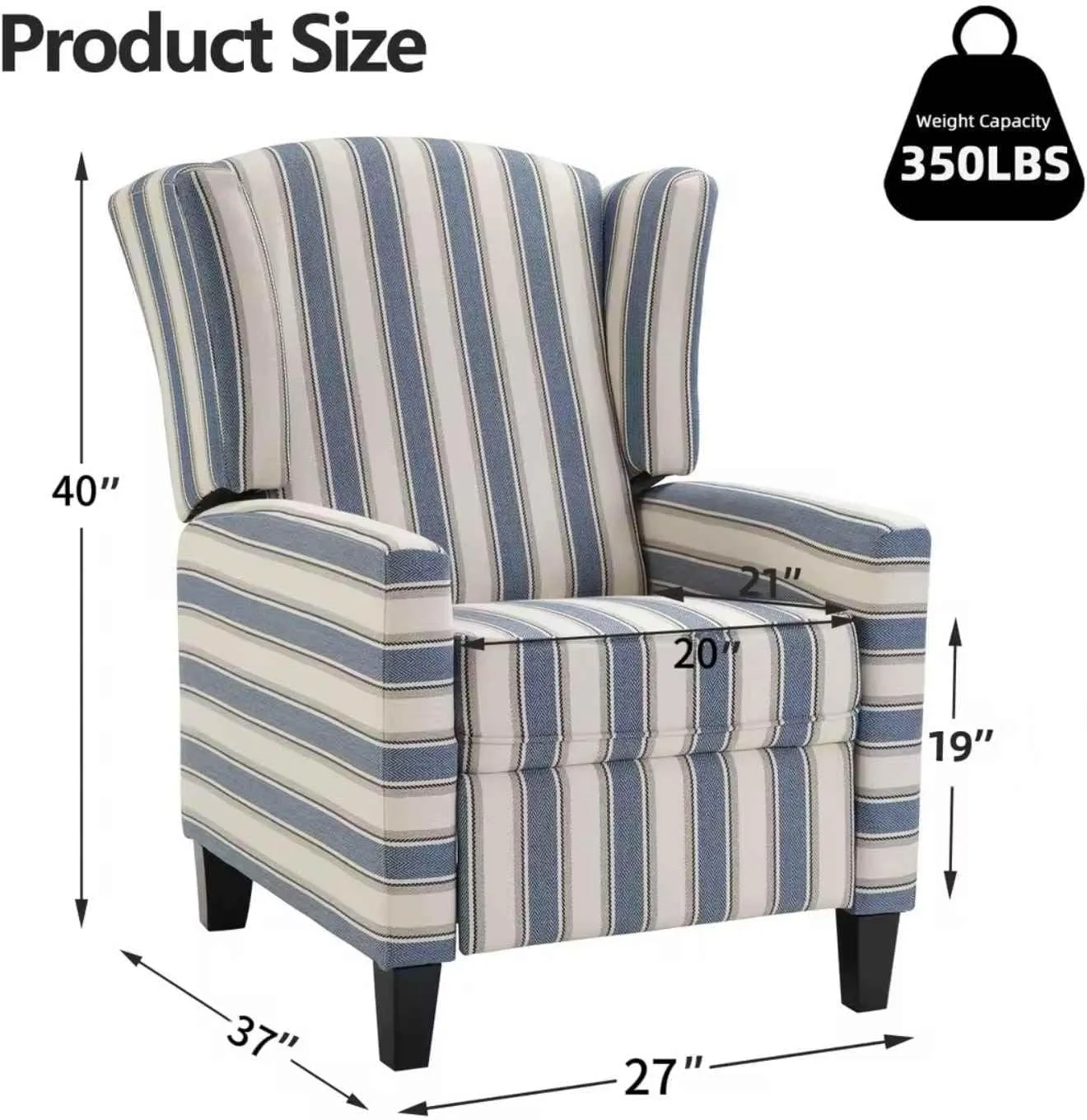 INZOY Wingback Pushback Recliner Chair Set of 2, Fabric Push Back Recliners with Padded Seat, Mid Century Modern Reclining Chair for Living Room Bedroom, Blue Stripe
