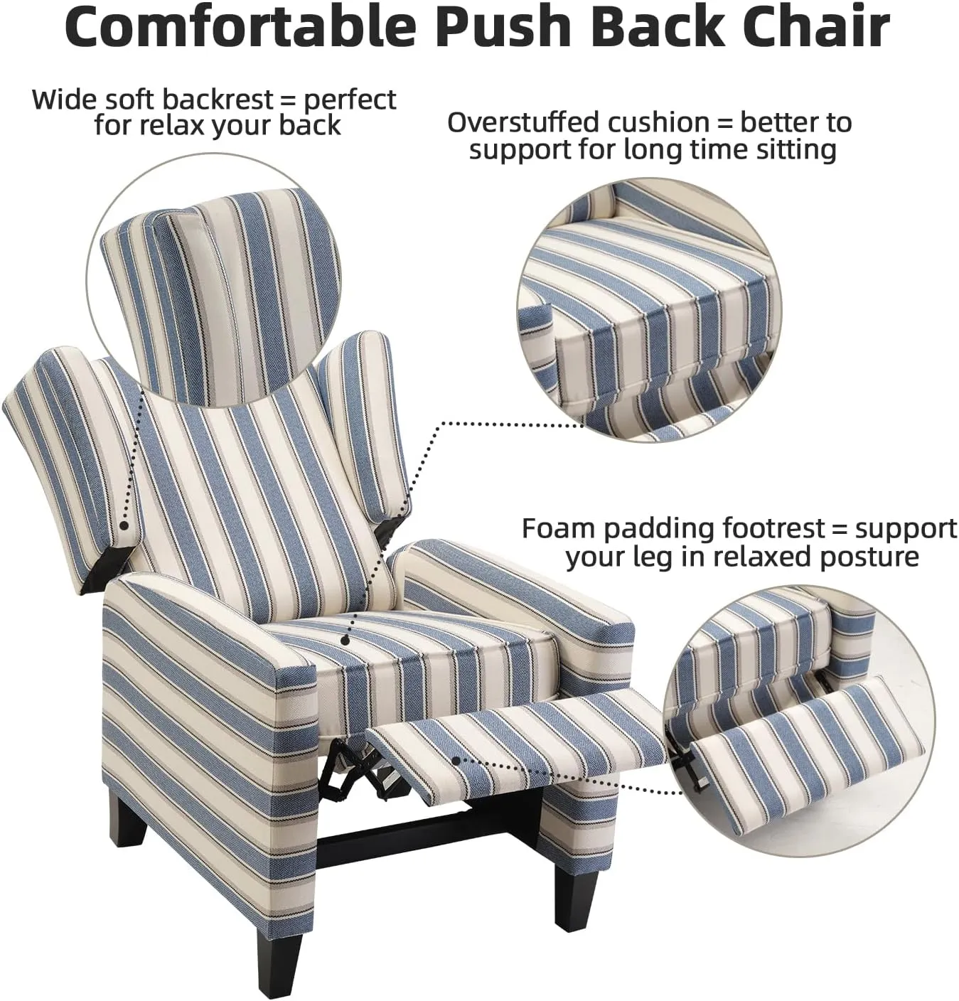 INZOY Wingback Pushback Recliner Chair Set of 2, Fabric Push Back Recliners with Padded Seat, Mid Century Modern Reclining Chair for Living Room Bedroom, Blue Stripe