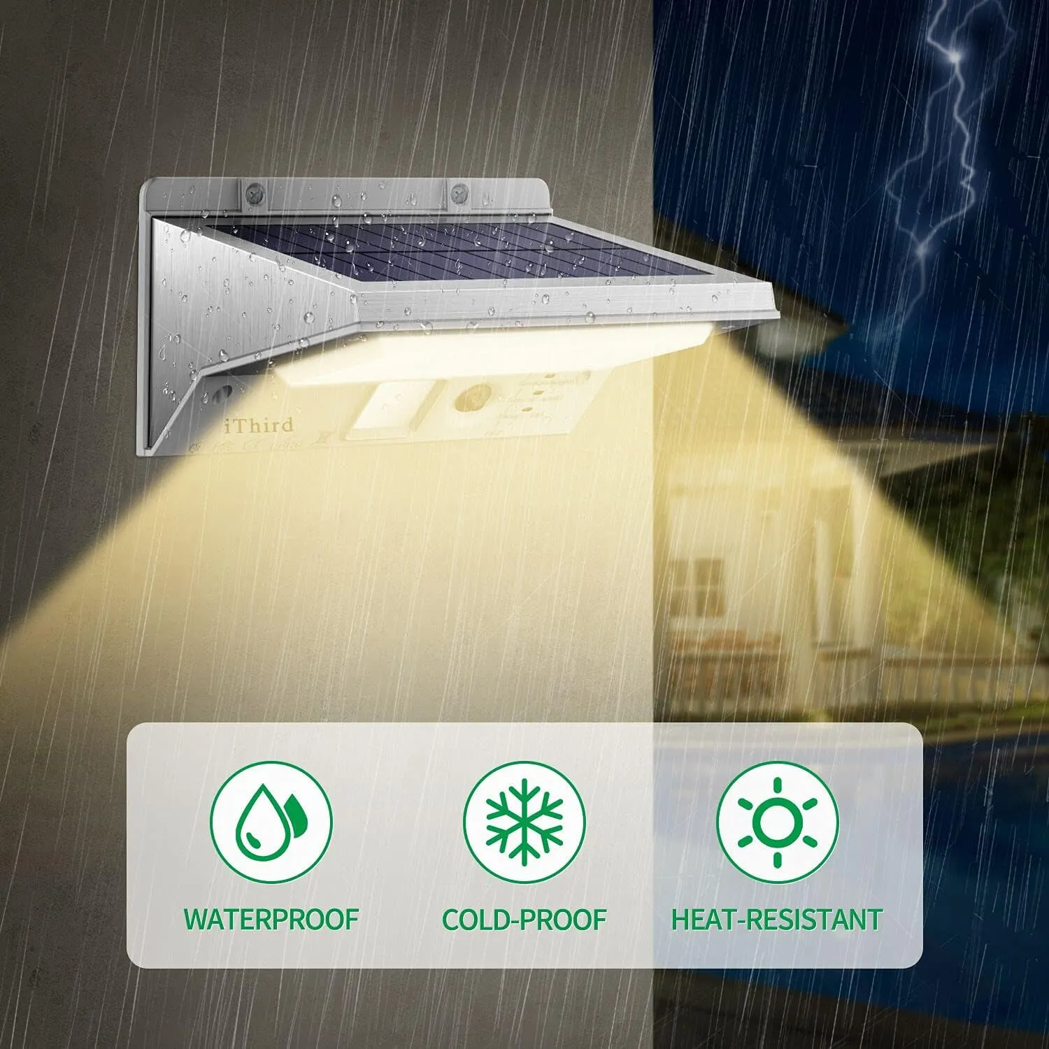 iThird Solar Motion Sensor Light Outdoor, LED Solar Powered Outdoor Lights Solar Security Lights Stainless Steel for Yard Patio Garage Waterproof Motion Detector Flood Light Super Bright(Warm White)
