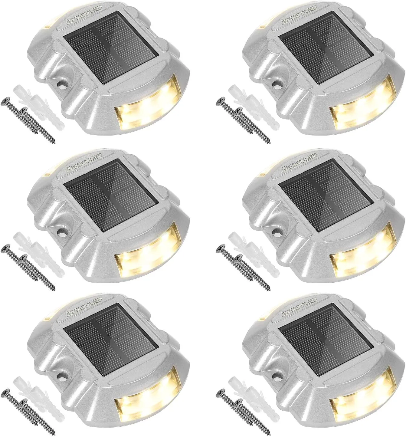 JACKYLED Solar Dock Lights with Switch Warm White 6-Pack Solar Powered Driveway Marker Lights Waterproof Outdoor LED Deck Lighting Road Studs for Marine Step Stair Garden Sidewalk Path