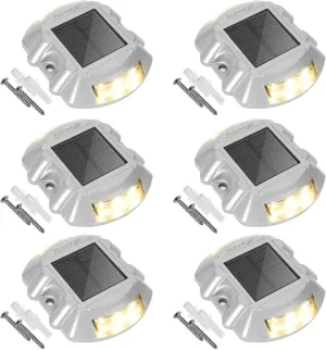 JACKYLED Solar Dock Lights with Switch Warm White 6-Pack Solar Powered Driveway Marker Lights Waterproof Outdoor LED Deck Lighting Road Studs for Marine Step Stair Garden Sidewalk Path