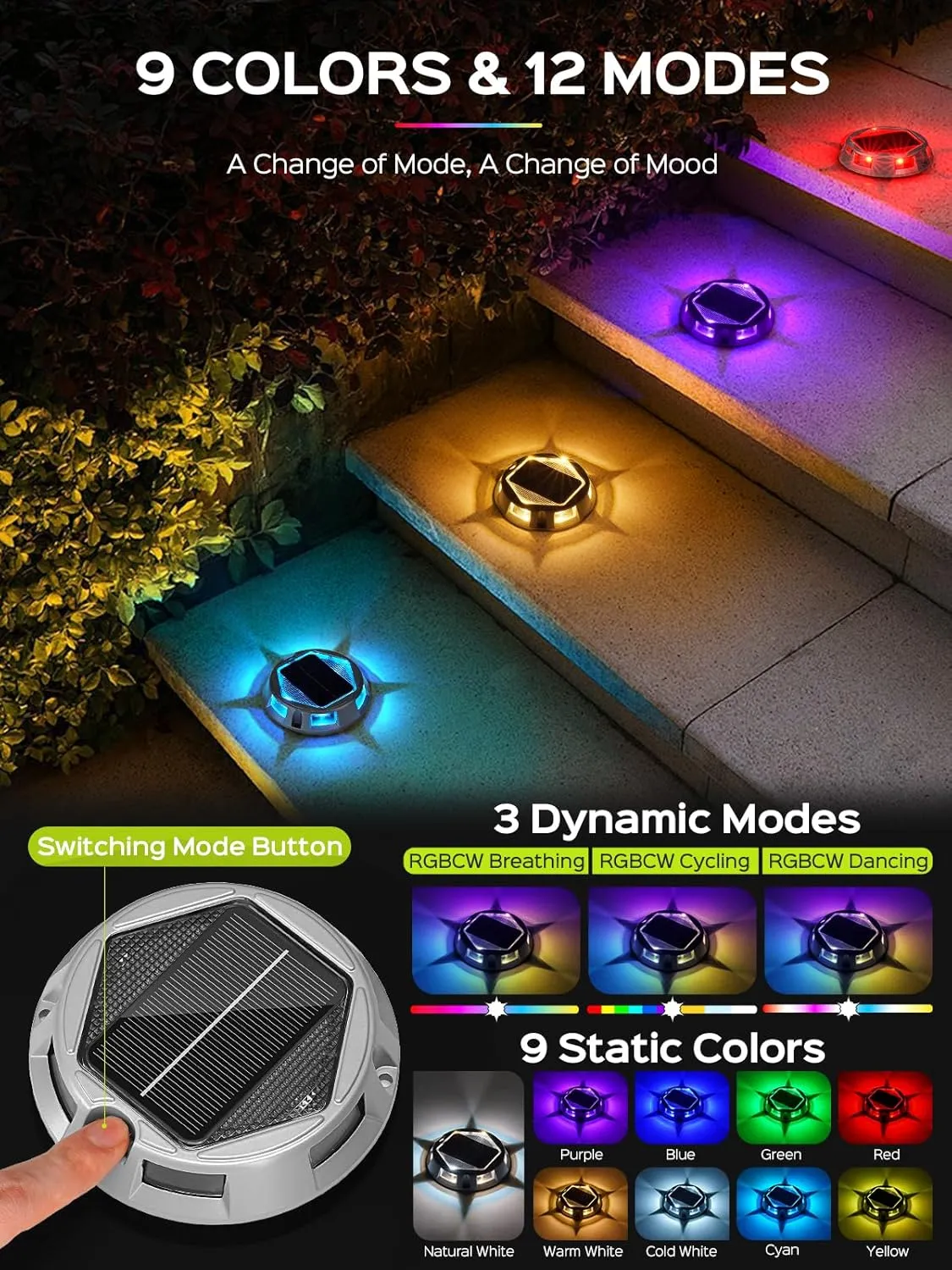 JACKYLED Solar Driveway Deck Lights, Multicolor Solar Powered IP68 Waterproof 12 Modes Driveway Marker Dock Lights for Pathway, Boat, Garden Withstand 2 Ton Pressure Dusk-Dawn 24H Runtime, 8-Pack