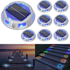 JACKYLED Solar Driveway Deck Lights, Multicolor Solar Powered IP68 Waterproof 12 Modes Driveway Marker Dock Lights for Pathway, Boat, Garden Withstand 2 Ton Pressure Dusk-Dawn 24H Runtime, 8-Pack