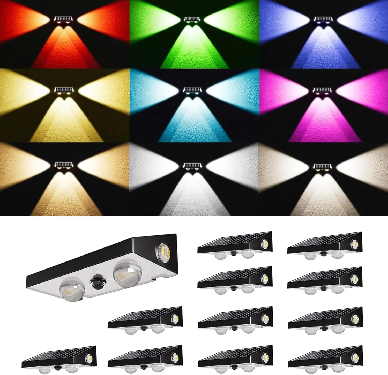 JACKYLED Solar Fence Lights 12 Pack, 3-Way RGBCW Lensed LED Fence Lights Solar Powered 10 Modes Multi-Color 50 Lumens Dusk to Dawn Auto ON/Off Outdoor IP65 Waterproof for Fence Garden Backyard Wall