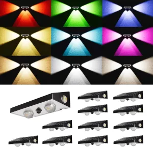 JACKYLED Solar Fence Lights 12 Pack, 3-Way RGBCW Lensed LED Fence Lights Solar Powered 10 Modes Multi-Color 50 Lumens Dusk to Dawn Auto ON/Off Outdoor IP65 Waterproof for Fence Garden Backyard Wall