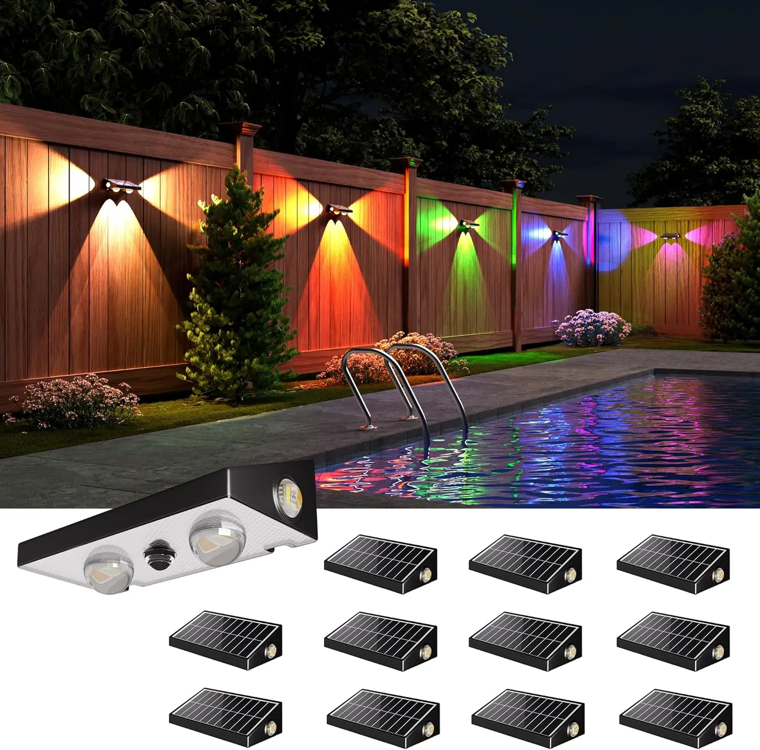 JACKYLED Solar Fence Lights 12 Pack, 3-Way RGBCW Lensed LED Fence Lights Solar Powered 10 Modes Multi-Color 50 Lumens Dusk to Dawn Auto ON/Off Outdoor IP65 Waterproof for Fence Garden Backyard Wall