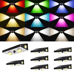 JACKYLED Solar Fence Lights, 3-Way RGBCW Lensed LED Fence Lights Solar Powered 10 Modes Multi-Color 50 Lumens Dusk to Dawn Auto ON/Off Outdoor IP65 Waterproof for Fence Garden Backyard Wall, 8-Pack