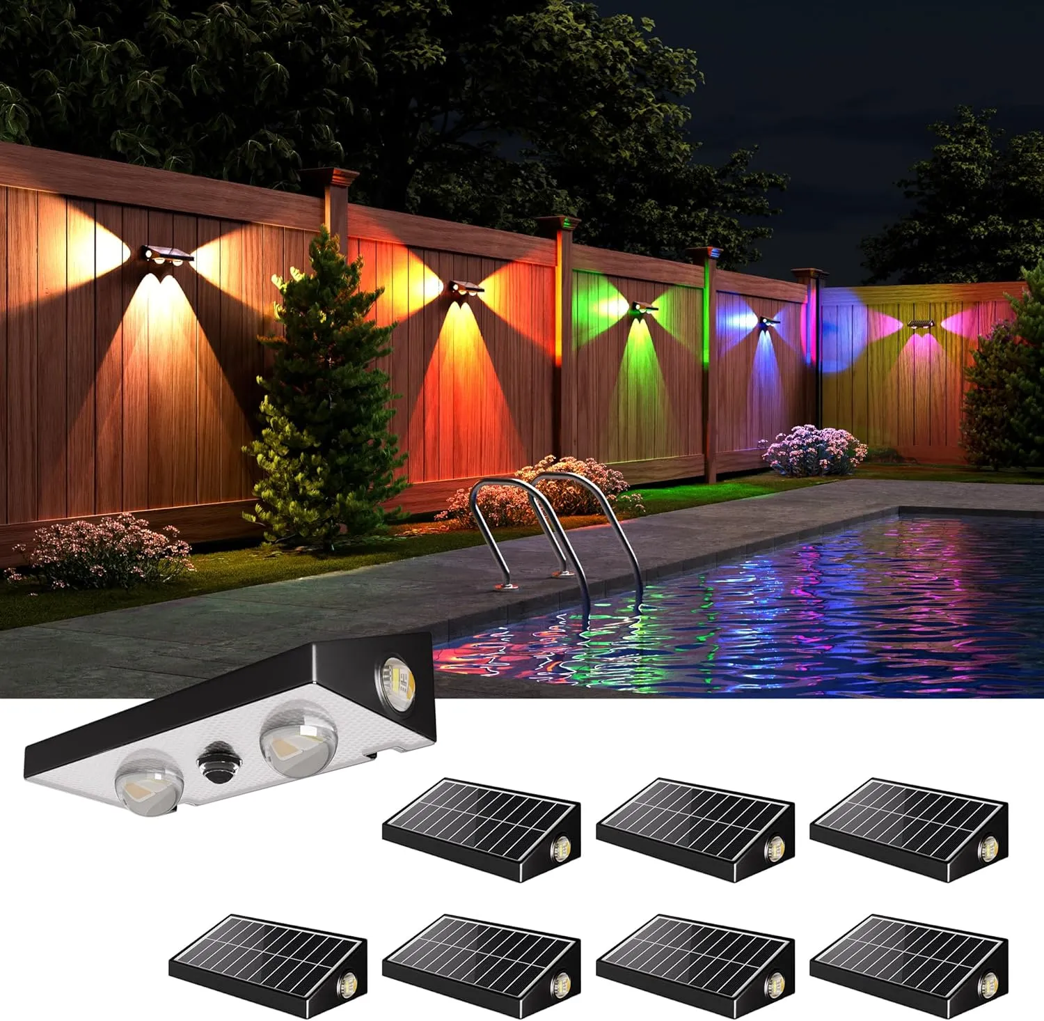 JACKYLED Solar Fence Lights, 3-Way RGBCW Lensed LED Fence Lights Solar Powered 10 Modes Multi-Color 50 Lumens Dusk to Dawn Auto ON/Off Outdoor IP65 Waterproof for Fence Garden Backyard Wall, 8-Pack
