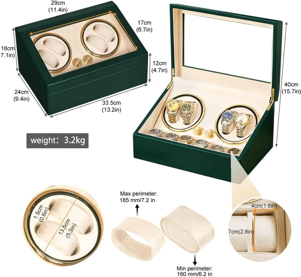 J&T Technology Watch Winder for Automatic Watch,4 Watch Winder and 6 Watch Storage Box with LED Light,Quiet Japanese Motor,Flexible Watch Pillows,AC Adapter (Green)