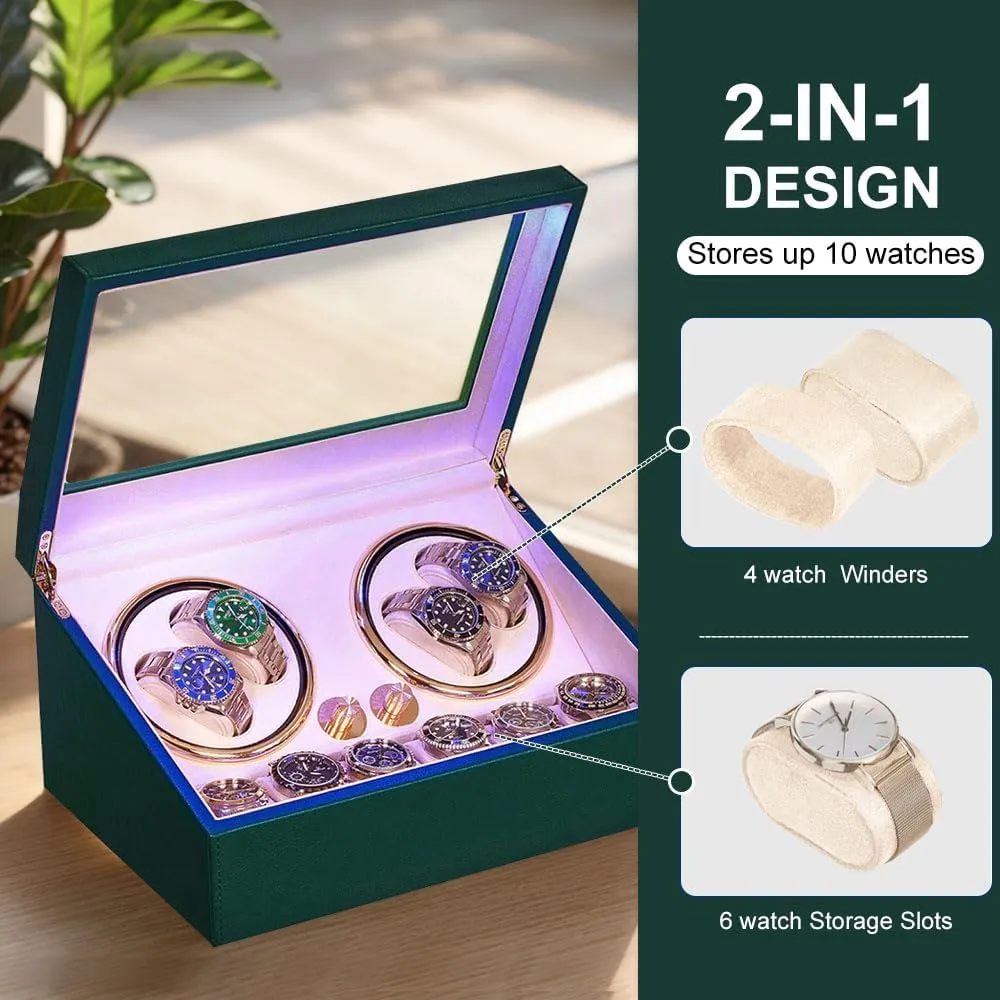 J&T Technology Watch Winder for Automatic Watch,4 Watch Winder and 6 Watch Storage Box with LED Light,Quiet Japanese Motor,Flexible Watch Pillows,AC Adapter (Green)