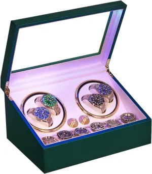 J&T Technology Watch Winder for Automatic Watch,4 Watch Winder and 6 Watch Storage Box with LED Light,Quiet Japanese Motor,Flexible Watch Pillows,AC Adapter (Green)