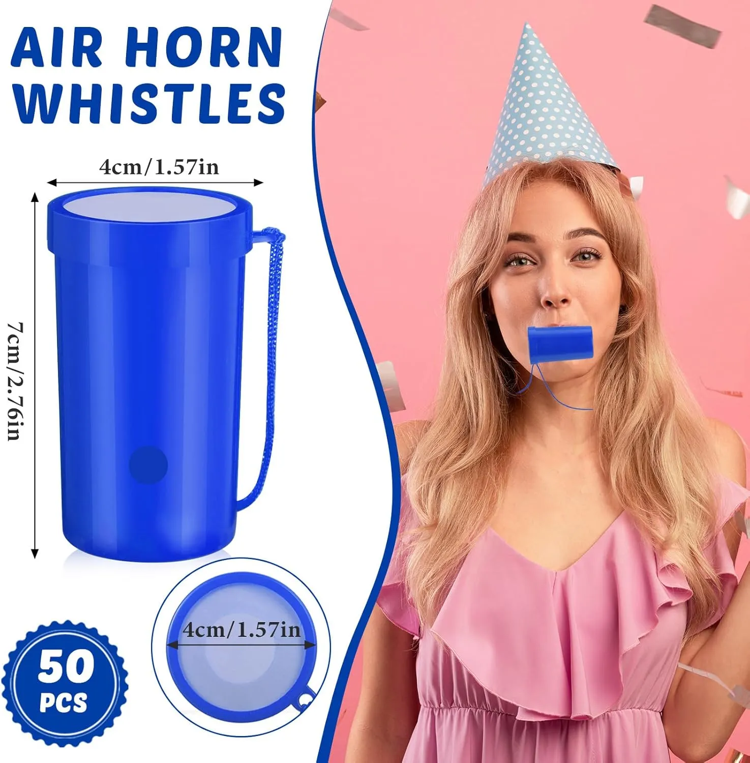 Jenaai 50 Pcs Mini Air Horn 3 Inch Noisemakers for Sporting Events Fun Stadium Loud Noise Maker Blow Horn Noise Whistle with Lanyard for Birthday Party Celebrations Goodie Bag(Blue)