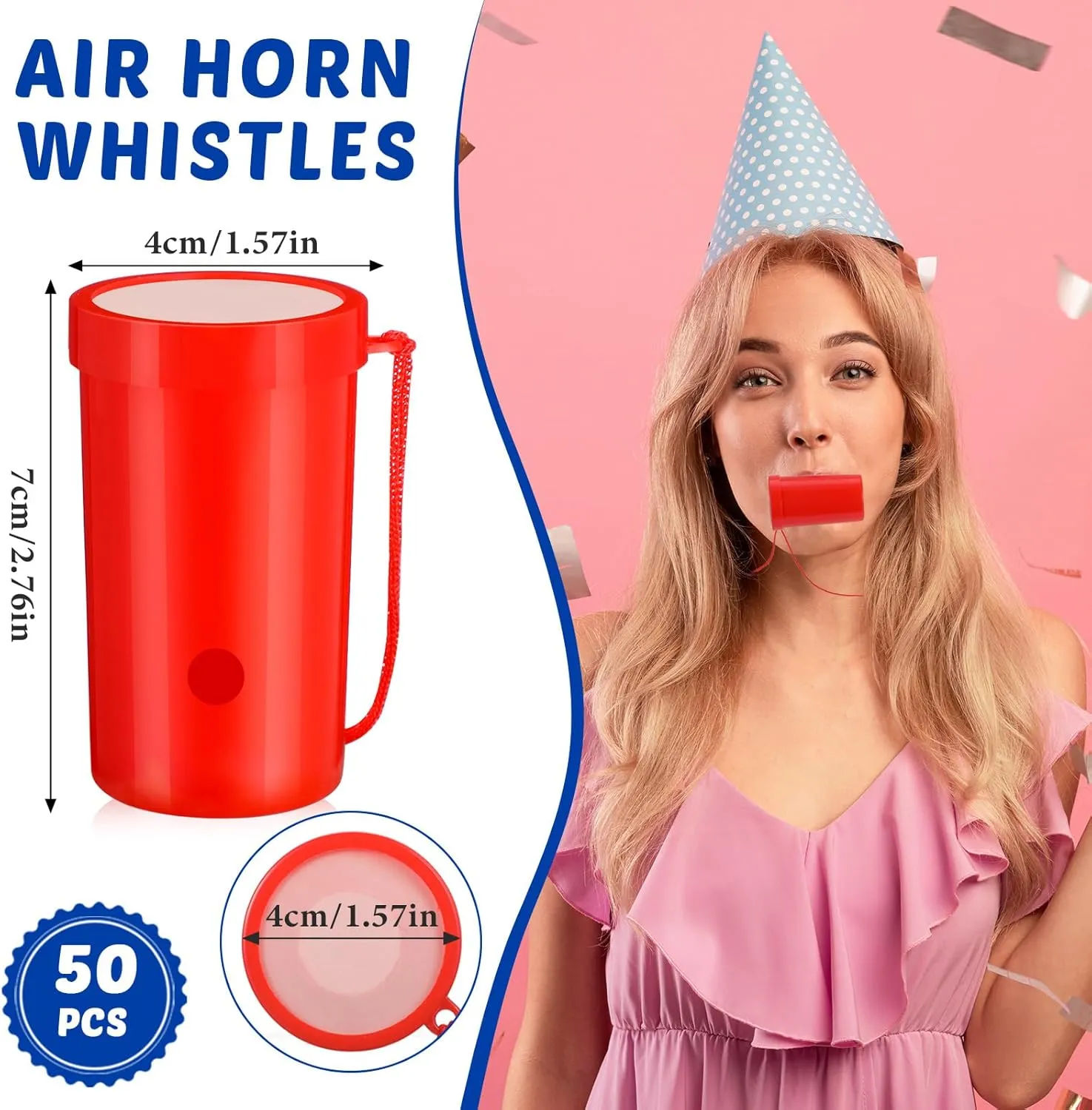 Jenaai 50 Pcs Mini Air Horn 3 Inch Noisemakers for Sporting Events Fun Stadium Loud Noise Maker Blow Horn Noise Whistle with Lanyard for Birthday Party Celebrations Goodie Bag(Red)
