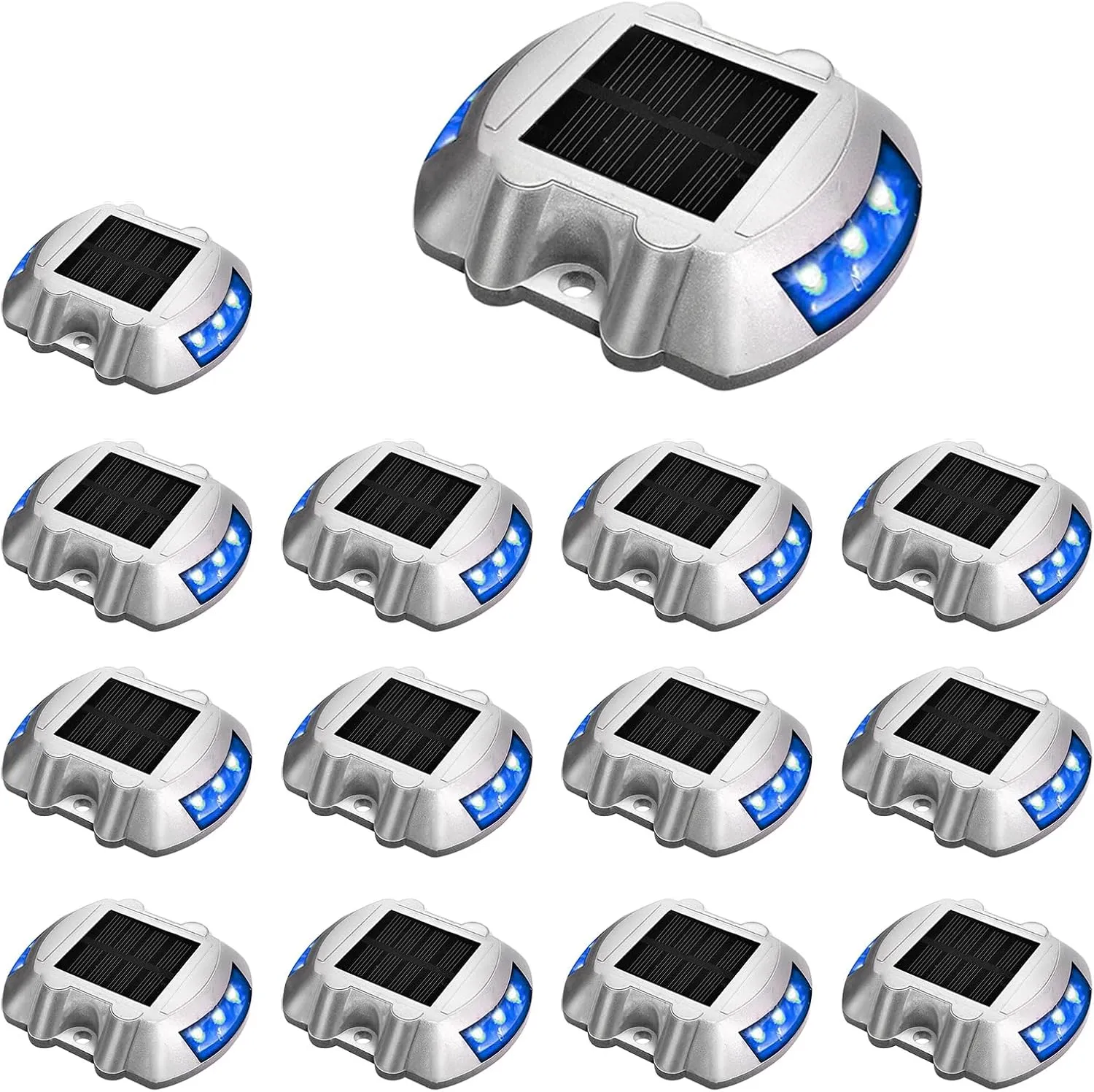 JIGUOOR Solar Deck Lights LED Driveway Lights Solar Powered Dock Light Outdoor IP68 Waterproof Road Markers for Step Sidewalk Stair Boat Garden Ground Pathway Yard (Blue, 14 Pack)