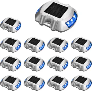 JIGUOOR Solar Deck Lights LED Driveway Lights Solar Powered Dock Light Outdoor IP68 Waterproof Road Markers for Step Sidewalk Stair Boat Garden Ground Pathway Yard (Blue, 14 Pack)