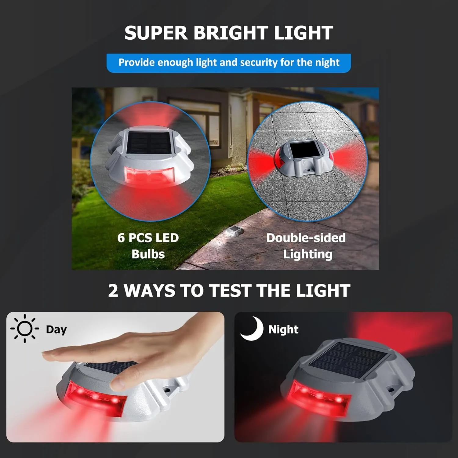 JIGUOOR Solar Deck Lights LED Driveway Lights Solar Powered Dock Light Outdoor IP68 Waterproof Road Markers for Step Sidewalk Stair Boat Garden Ground Pathway Yard (Red, 6 Pack)