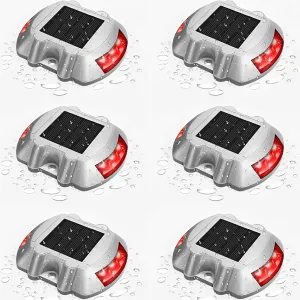 JIGUOOR Solar Deck Lights LED Driveway Lights Solar Powered Dock Light Outdoor IP68 Waterproof Road Markers for Step Sidewalk Stair Boat Garden Ground Pathway Yard (Red, 6 Pack)