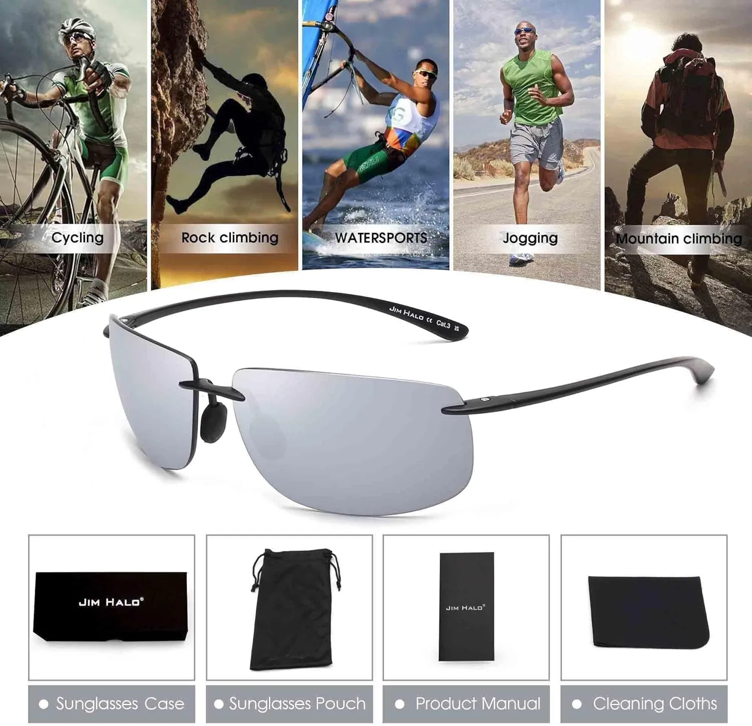 JIM HALO Sport Sunglasses for Men Women TR90 Rimless Frame for Running Fishing Cycling Driving