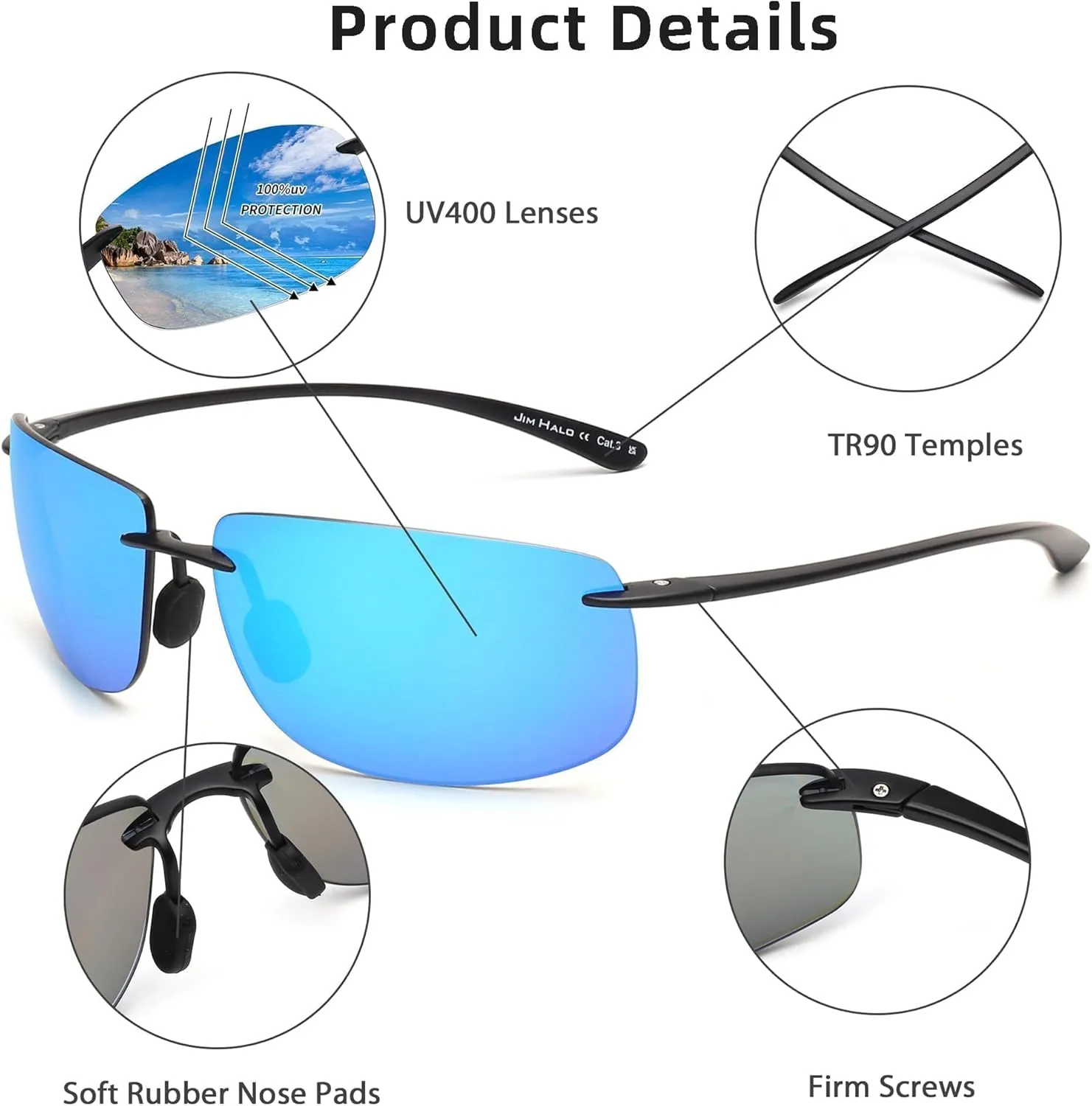 JIM HALO Sport Sunglasses for Men Women TR90 Rimless Frame for Running Fishing Cycling Driving
