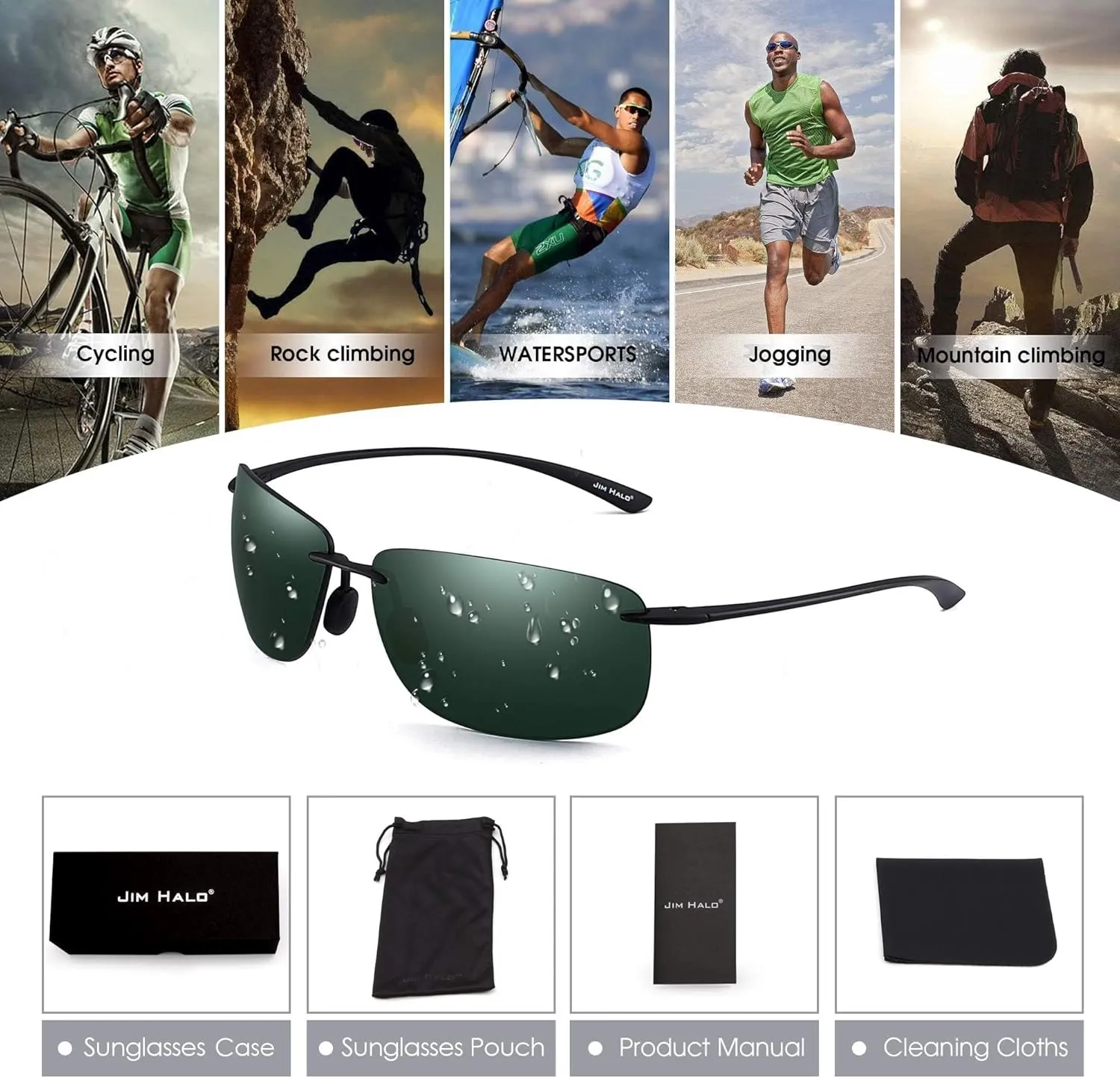JIM HALO Sport Sunglasses for Men Women TR90 Rimless Frame for Running Fishing Cycling Driving