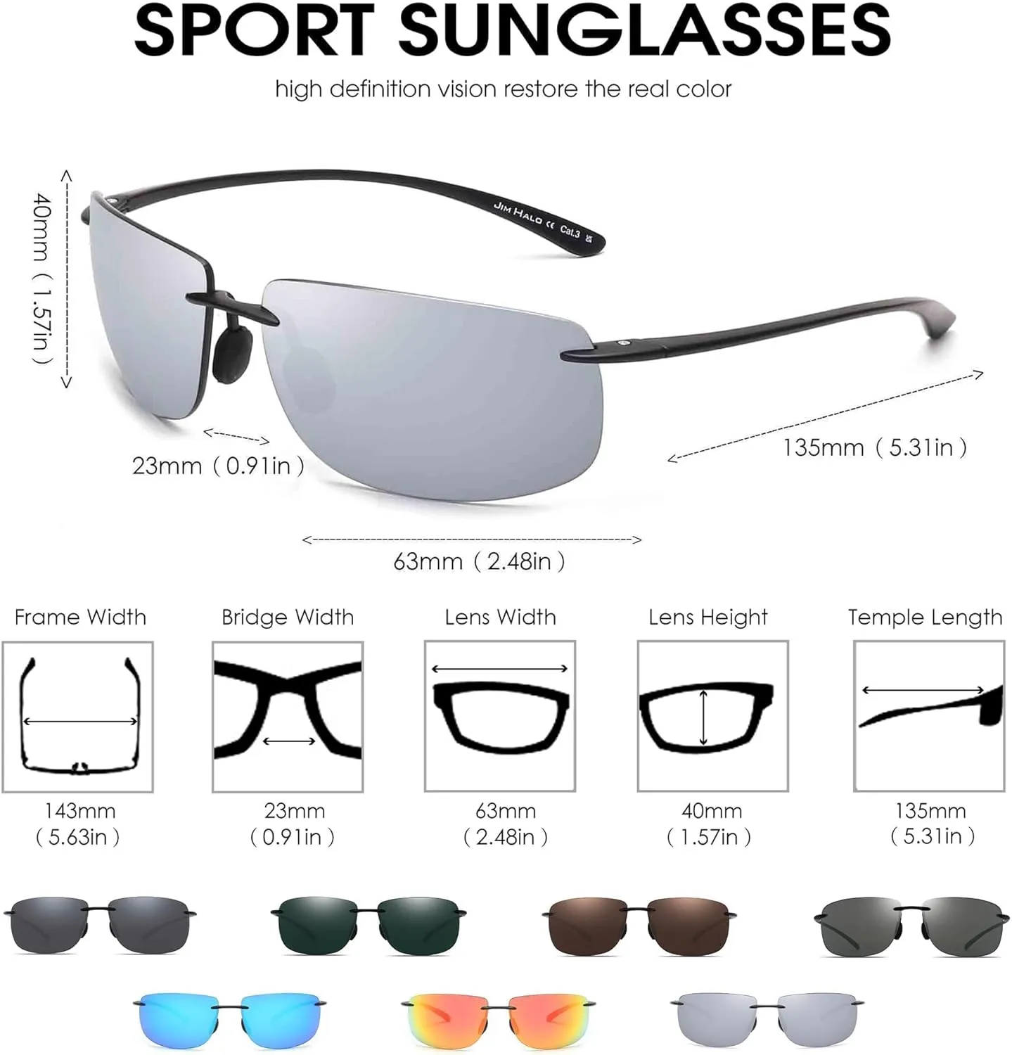 JIM HALO Sport Sunglasses for Men Women TR90 Rimless Frame for Running Fishing Cycling Driving