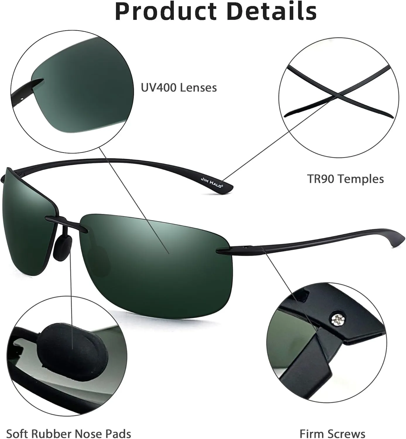 JIM HALO Sport Sunglasses for Men Women TR90 Rimless Frame for Running Fishing Cycling Driving
