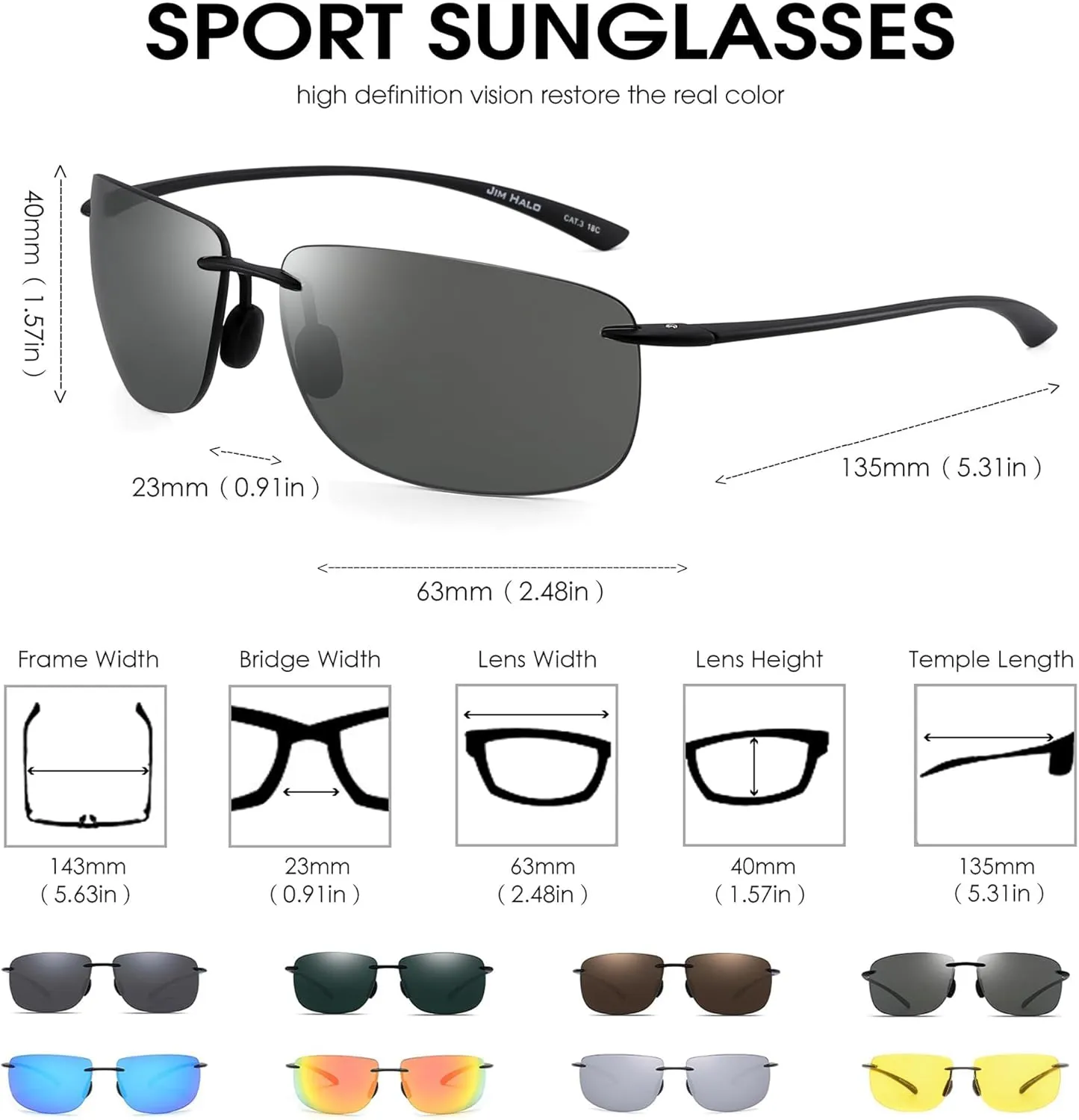 JIM HALO Sport Sunglasses for Men Women TR90 Rimless Frame for Running Fishing Cycling Driving