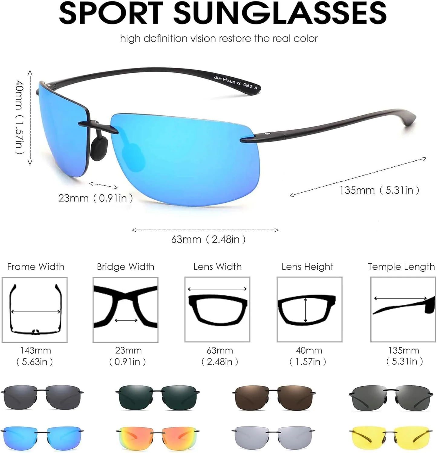 JIM HALO Sport Sunglasses for Men Women TR90 Rimless Frame for Running Fishing Cycling Driving