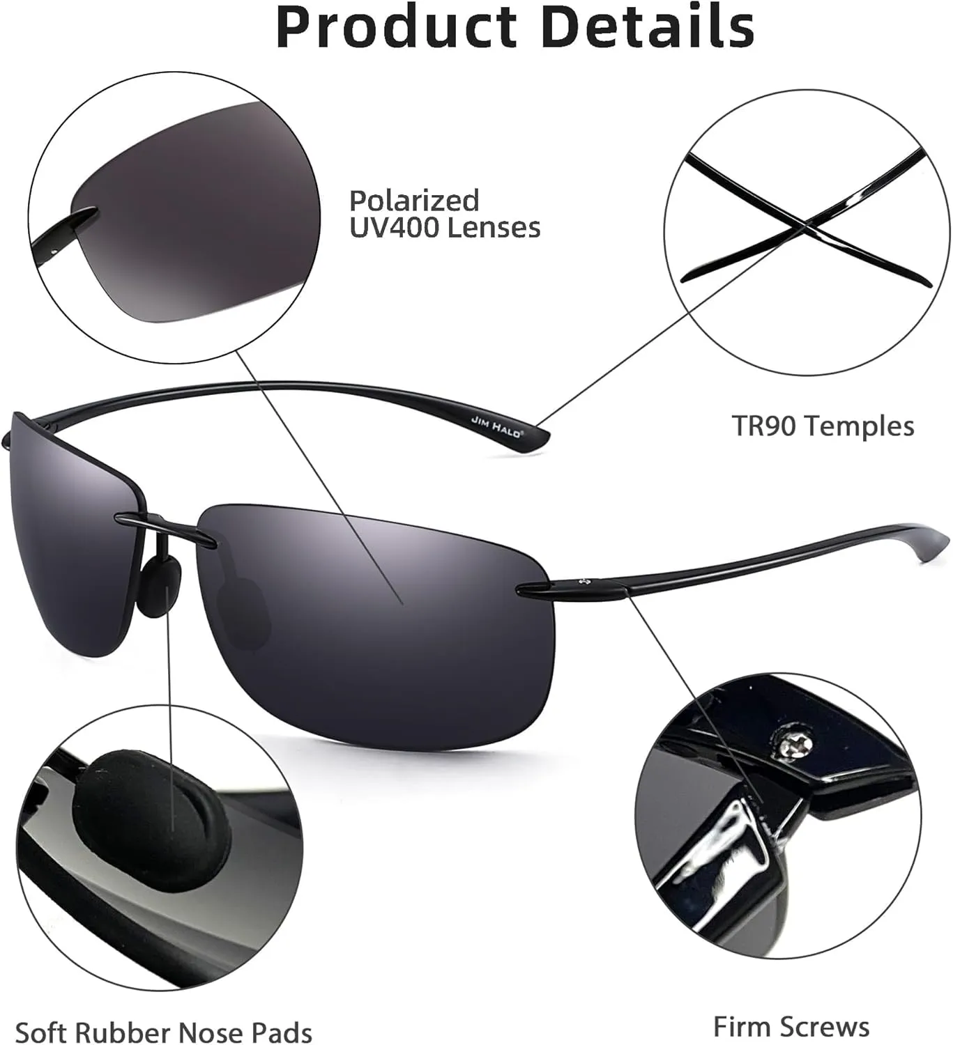 JIM HALO Sport Sunglasses for Men Women TR90 Rimless Frame for Running Fishing Cycling Driving
