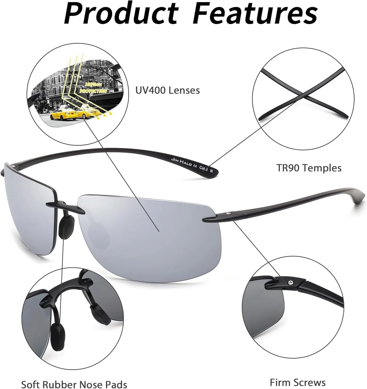 JIM HALO Sport Sunglasses for Men Women TR90 Rimless Frame for Running Fishing Cycling Driving