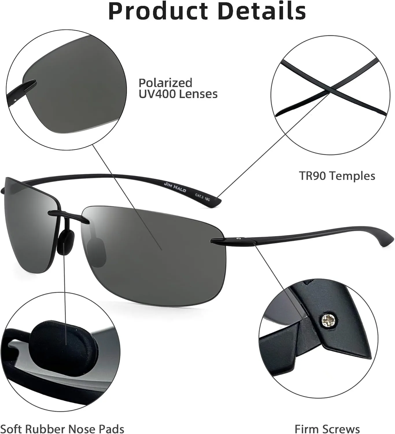 JIM HALO Sport Sunglasses for Men Women TR90 Rimless Frame for Running Fishing Cycling Driving