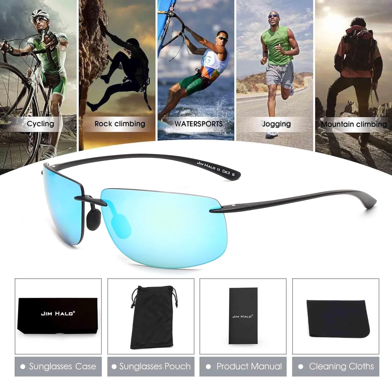 JIM HALO Sport Sunglasses for Men Women TR90 Rimless Frame for Running Fishing Cycling Driving