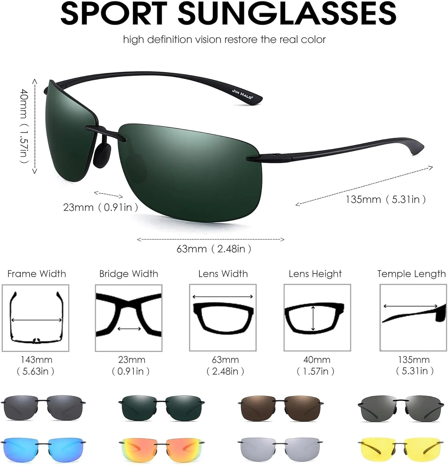 JIM HALO Sport Sunglasses for Men Women TR90 Rimless Frame for Running Fishing Cycling Driving