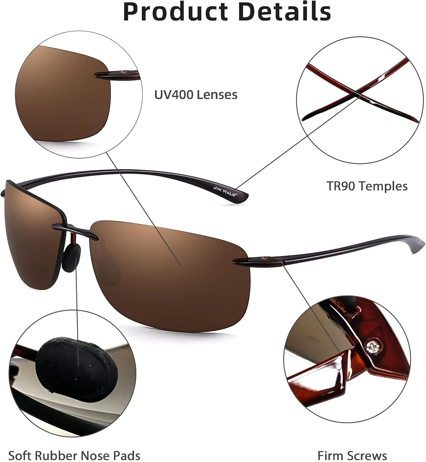 JIM HALO Sport Sunglasses for Men Women TR90 Rimless Frame for Running Fishing Cycling Driving