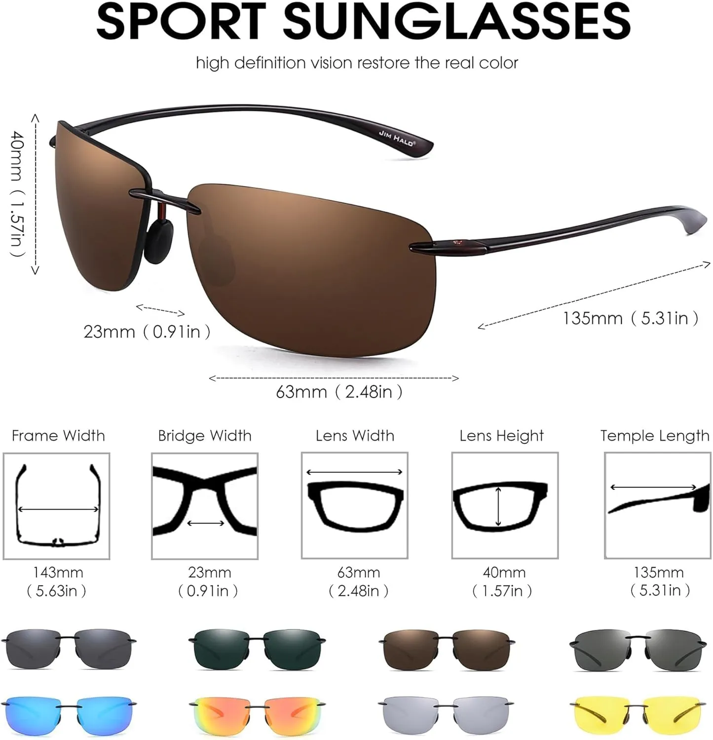 JIM HALO Sport Sunglasses for Men Women TR90 Rimless Frame for Running Fishing Cycling Driving