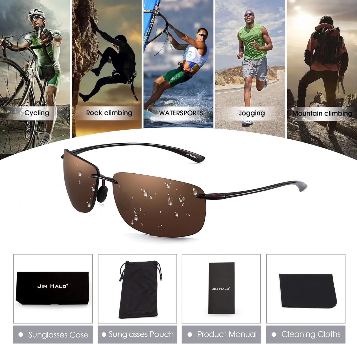 JIM HALO Sport Sunglasses for Men Women TR90 Rimless Frame for Running Fishing Cycling Driving