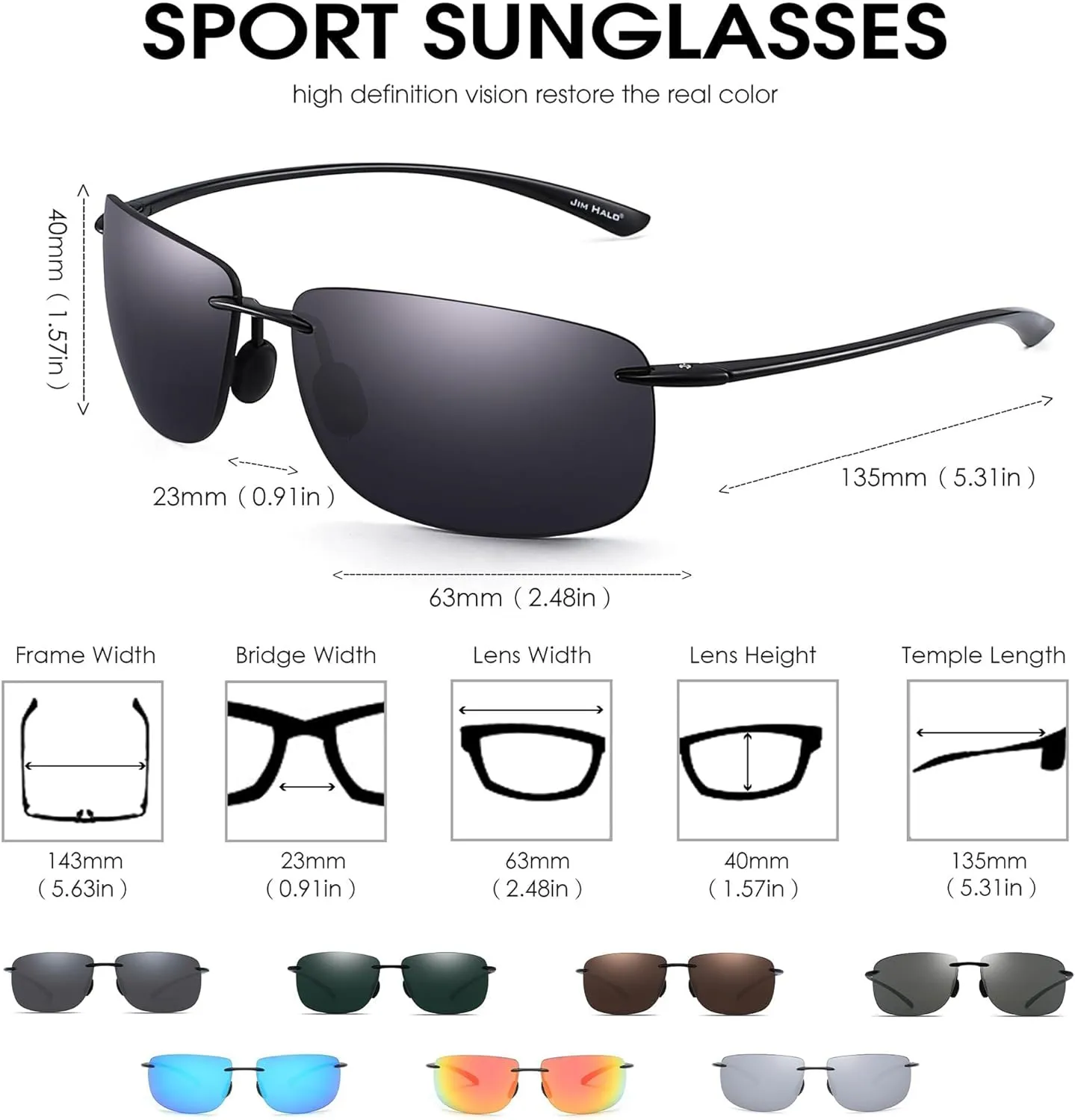 JIM HALO Sport Sunglasses for Men Women TR90 Rimless Frame for Running Fishing Cycling Driving