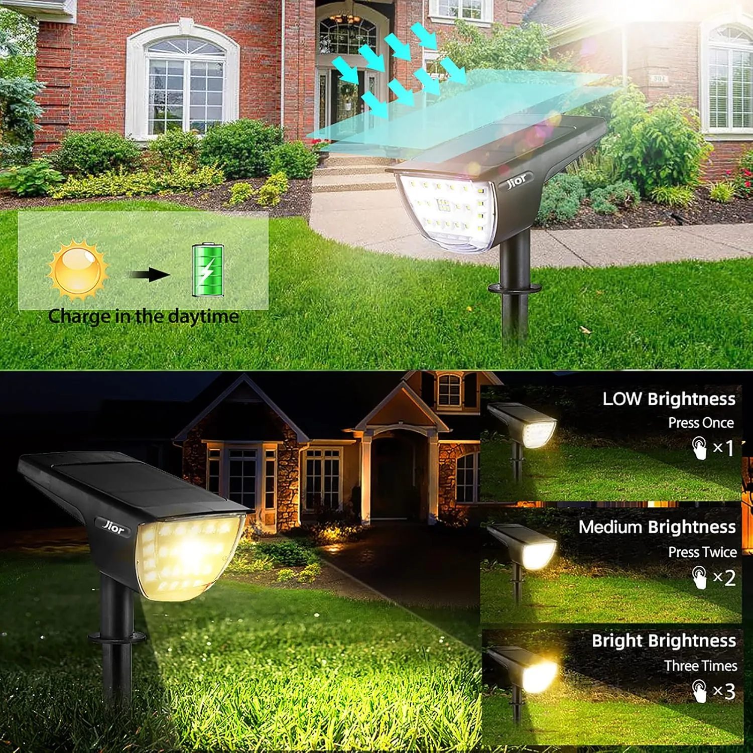 JIOR Solar Landscape SpotLights Outdoor 32 LED IP65 Waterproof Solar Powered Wall Lights 2-in-1 Adjustable Wireless Lights for Garden Yard Driveway Walkway Pool Patio 4 Pack (Warm White)
