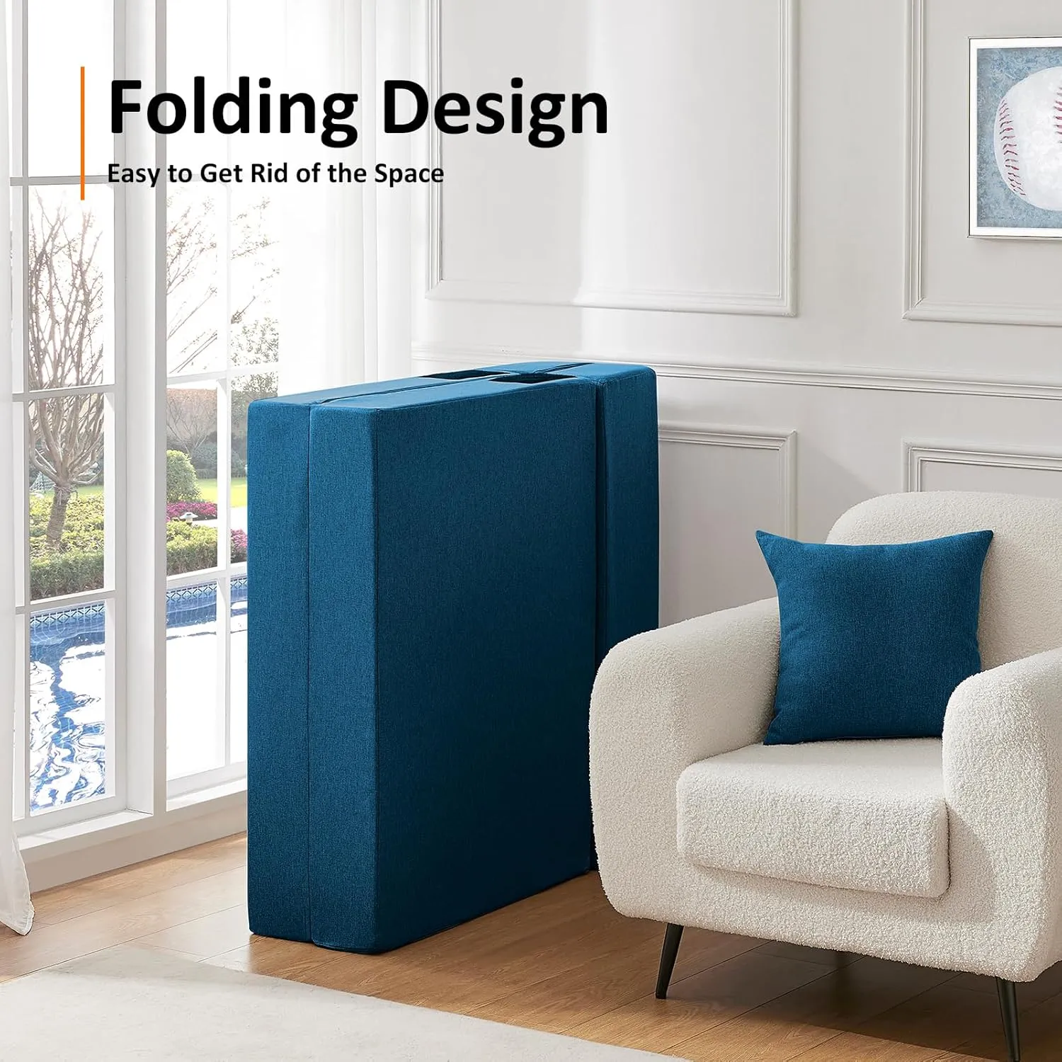 JKMAX Queen Size Folding Sofa Bed - 4 in 1 Futon Chair with Two Pillows - High Density Memory Foam Foldable Couch - Convertible Folding Bed with Washable Modern Linen Cover for Home Office (Blue)