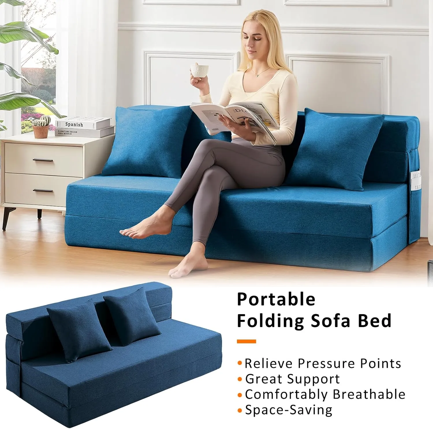 JKMAX Queen Size Folding Sofa Bed - 4 in 1 Futon Chair with Two Pillows - High Density Memory Foam Foldable Couch - Convertible Folding Bed with Washable Modern Linen Cover for Home Office (Blue)