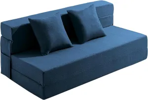 JKMAX Queen Size Folding Sofa Bed - 4 in 1 Futon Chair with Two Pillows - High Density Memory Foam Foldable Couch - Convertible Folding Bed with Washable Modern Linen Cover for Home Office (Blue)