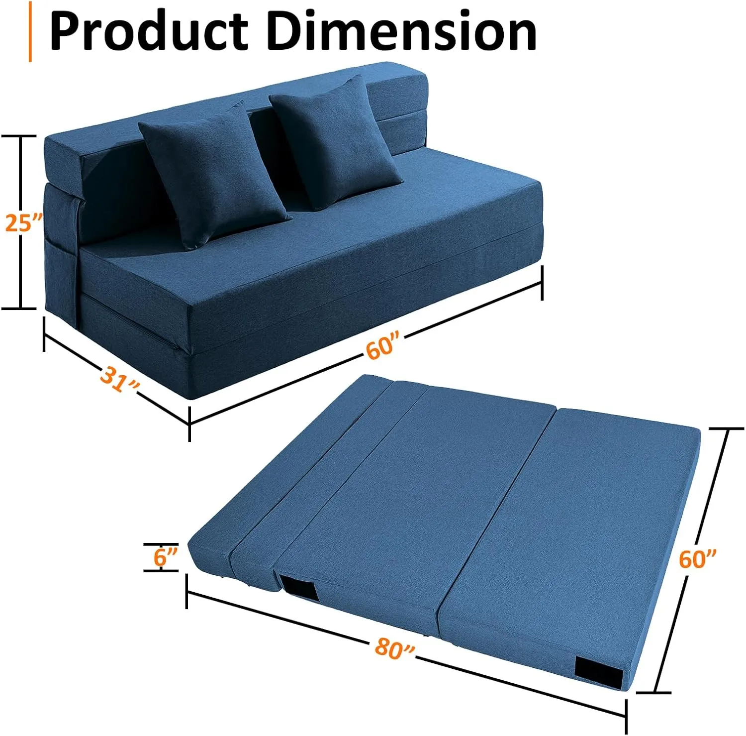 JKMAX Queen Size Folding Sofa Bed - 4 in 1 Futon Chair with Two Pillows - High Density Memory Foam Foldable Couch - Convertible Folding Bed with Washable Modern Linen Cover for Home Office (Blue)