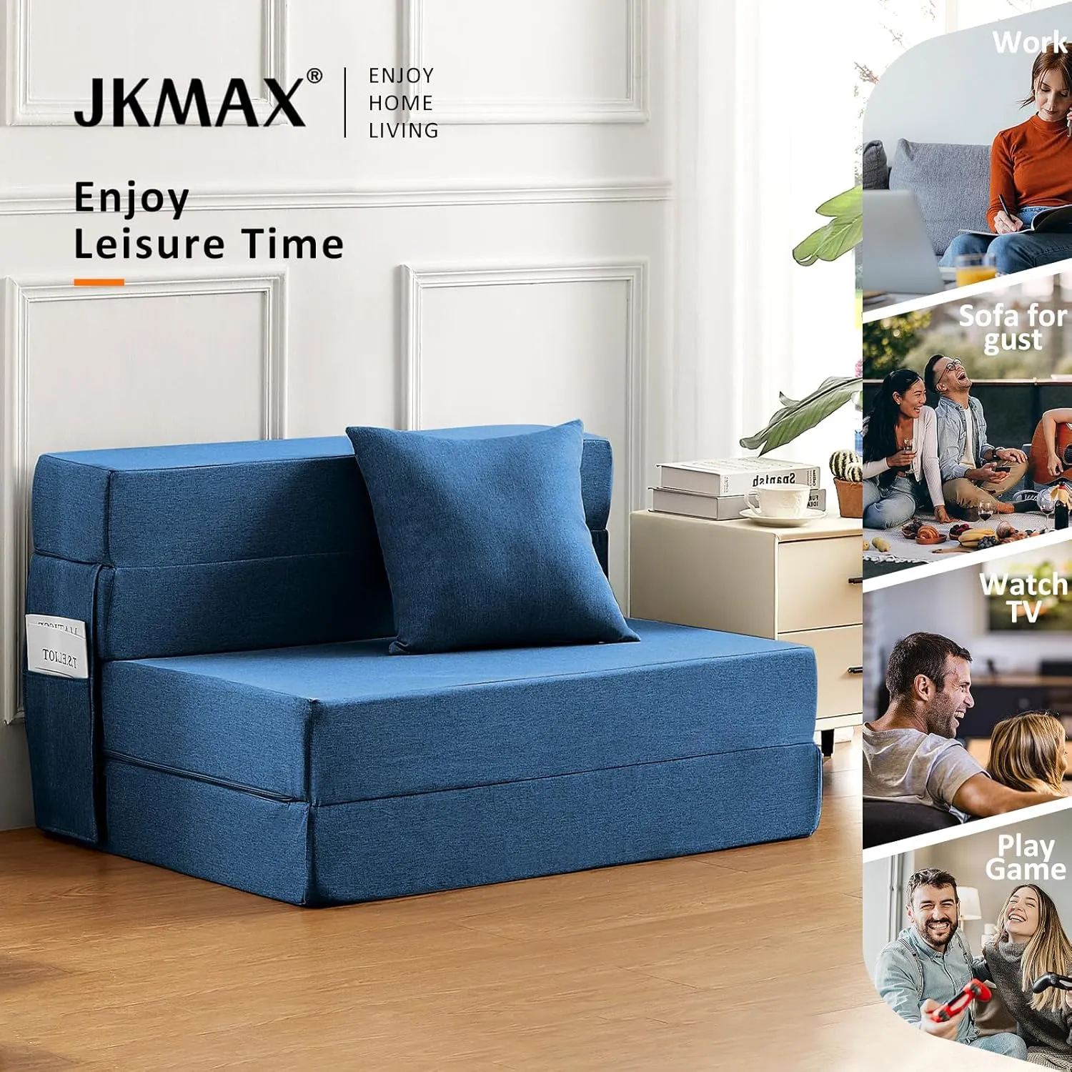 JKMAX Queen Size Folding Sofa Bed - 4 in 1 Futon Chair with Two Pillows - High Density Memory Foam Foldable Couch - Convertible Folding Bed with Washable Modern Linen Cover for Home Office (Blue)